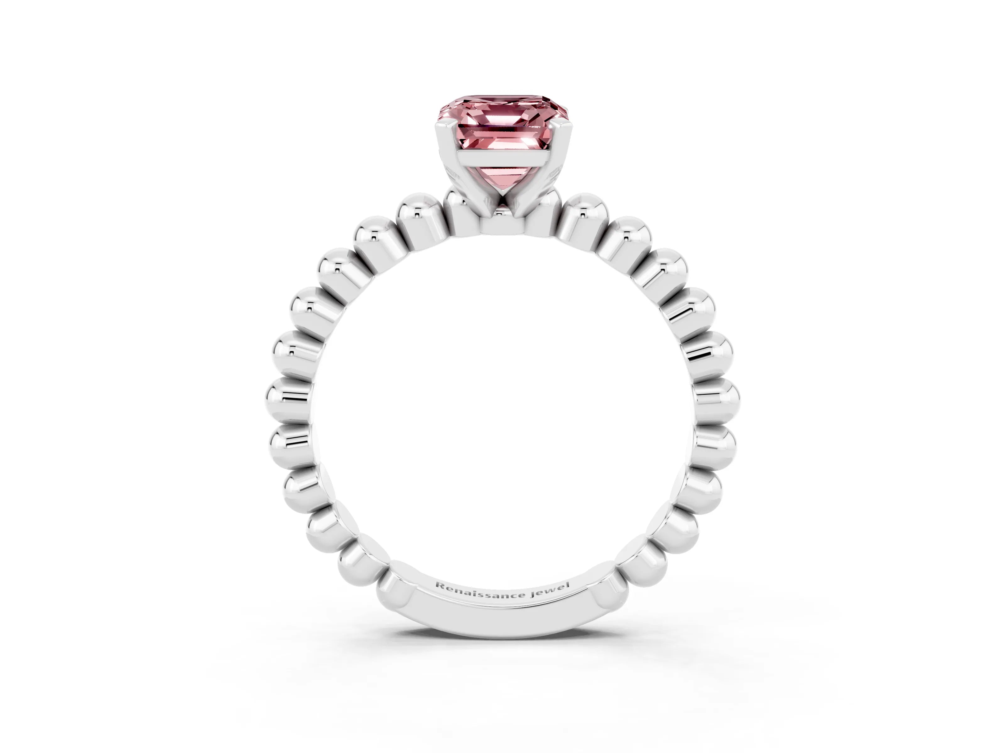 White gold Emerald Cut Morganite Solitaire Ring with Beaded Band and Prong Setting_3
