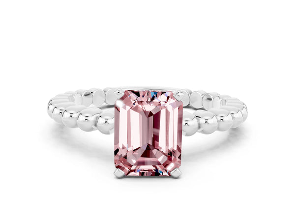 Silver Emerald Cut Morganite Solitaire Ring with Beaded Band and Prong Setting