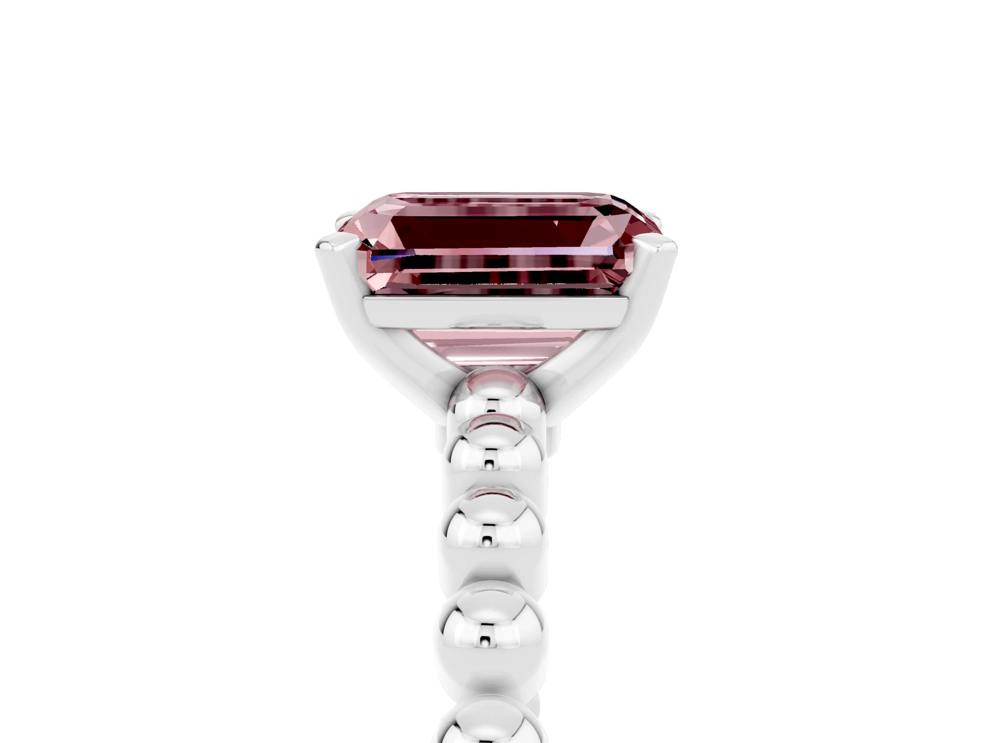 White gold Emerald Cut Morganite Solitaire Ring with Beaded Band and Prong Setting_5