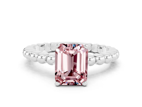 White gold Emerald Cut Morganite Solitaire Ring with Beaded Band and Prong Setting