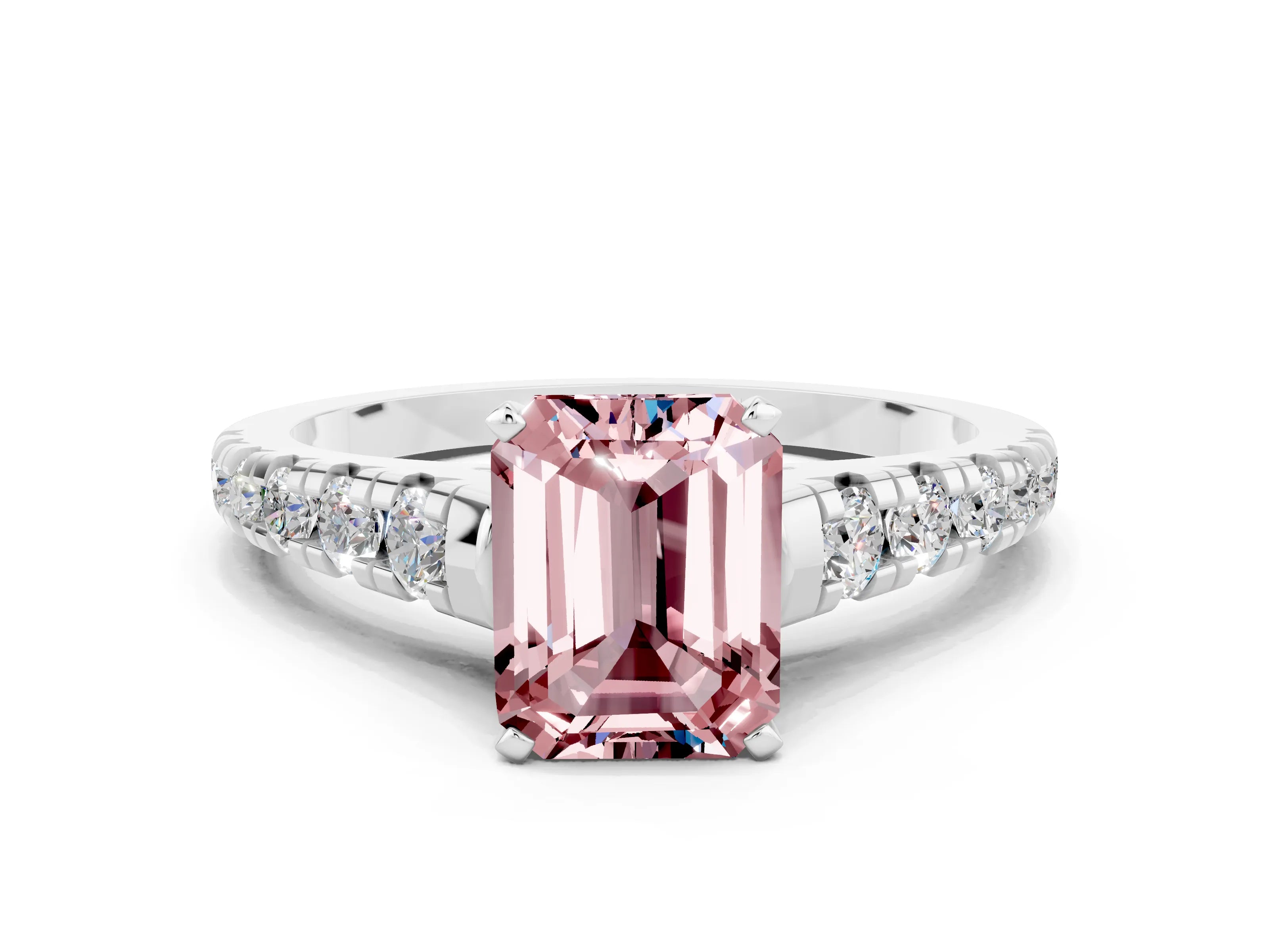 White gold Emerald Cut Morganite Solitaire Ring with Cathedral Setting and Pavé Band