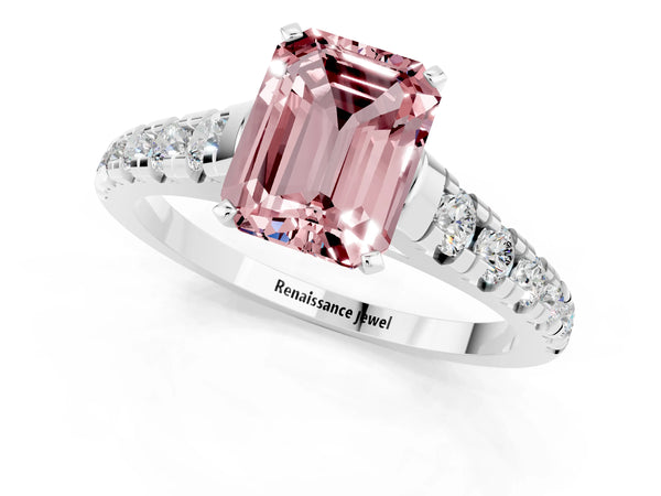 Platinum Emerald Cut Morganite Cathedral Solitaire Ring with Round  Pavé Band