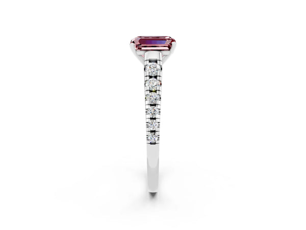 Silver Emerald Cut Morganite Cathedral Solitaire Ring with Round  Pavé Band