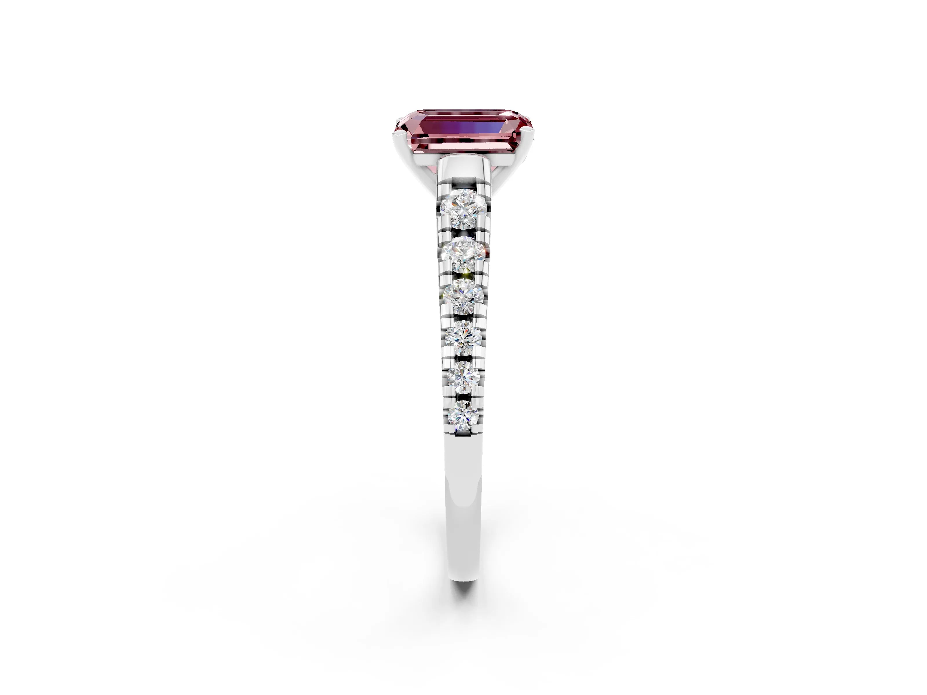 White gold Emerald Cut Morganite Solitaire Ring with Cathedral Setting and Pavé Band_2