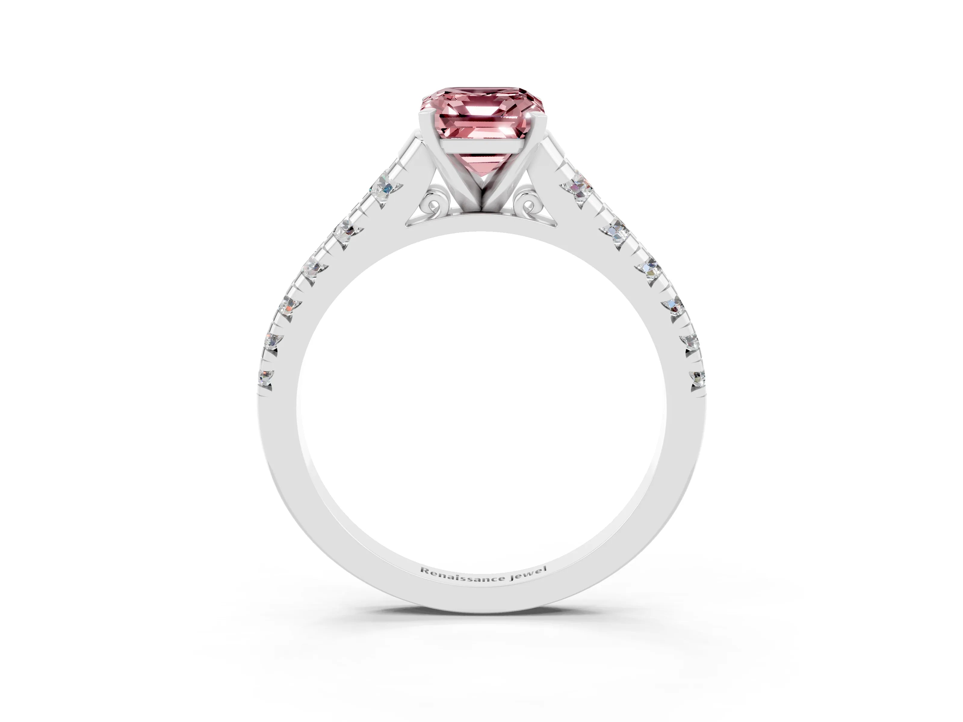 White gold Emerald Cut Morganite Solitaire Ring with Cathedral Setting and Pavé Band_3