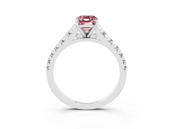 White gold Emerald Cut Morganite Cathedral Solitaire Ring with Round  Pavé Band