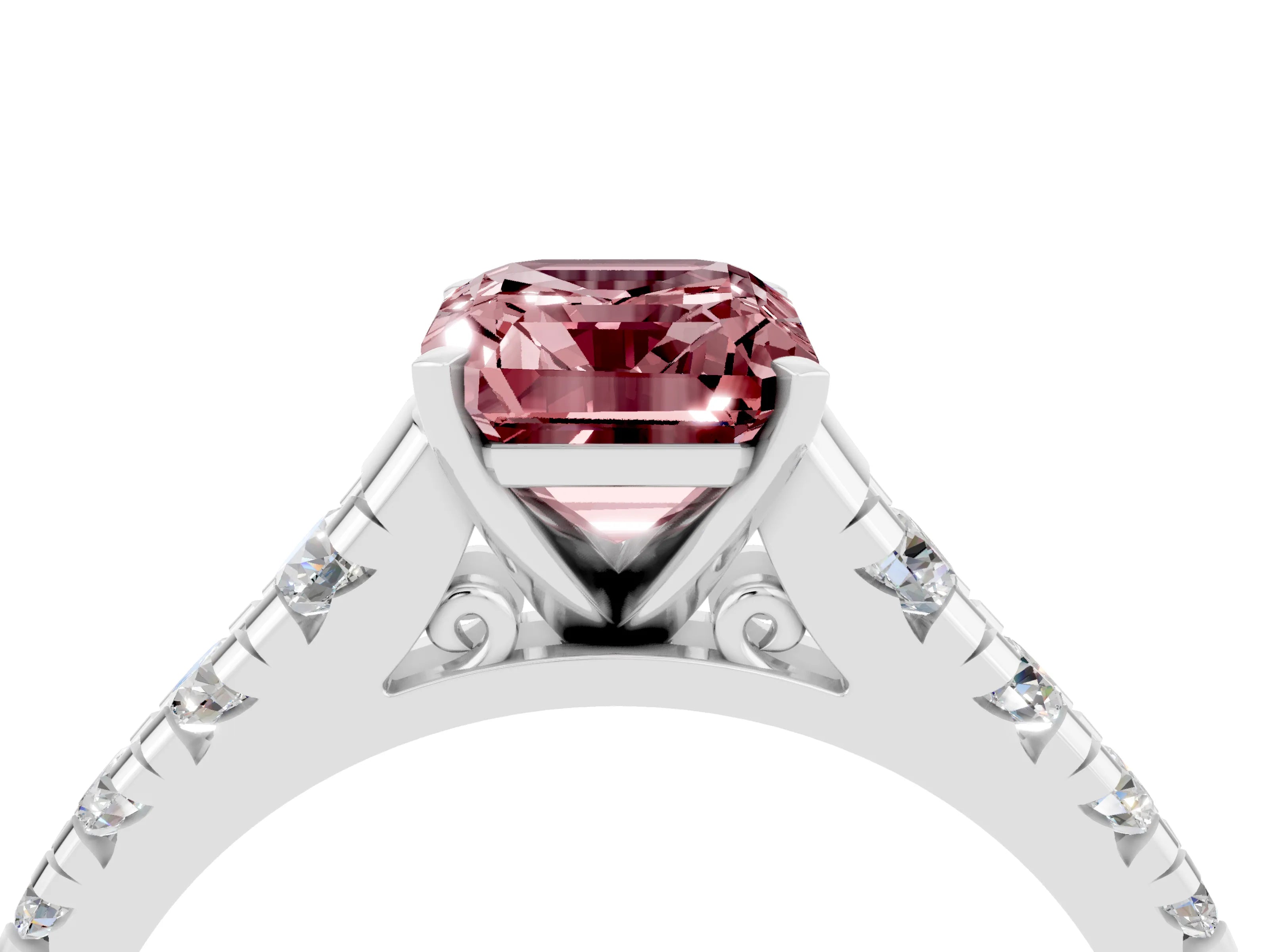 White gold Emerald Cut Morganite Solitaire Ring with Cathedral Setting and Pavé Band_4