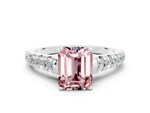 White gold Emerald Cut Morganite Cathedral Solitaire Ring with Round  Pavé Band