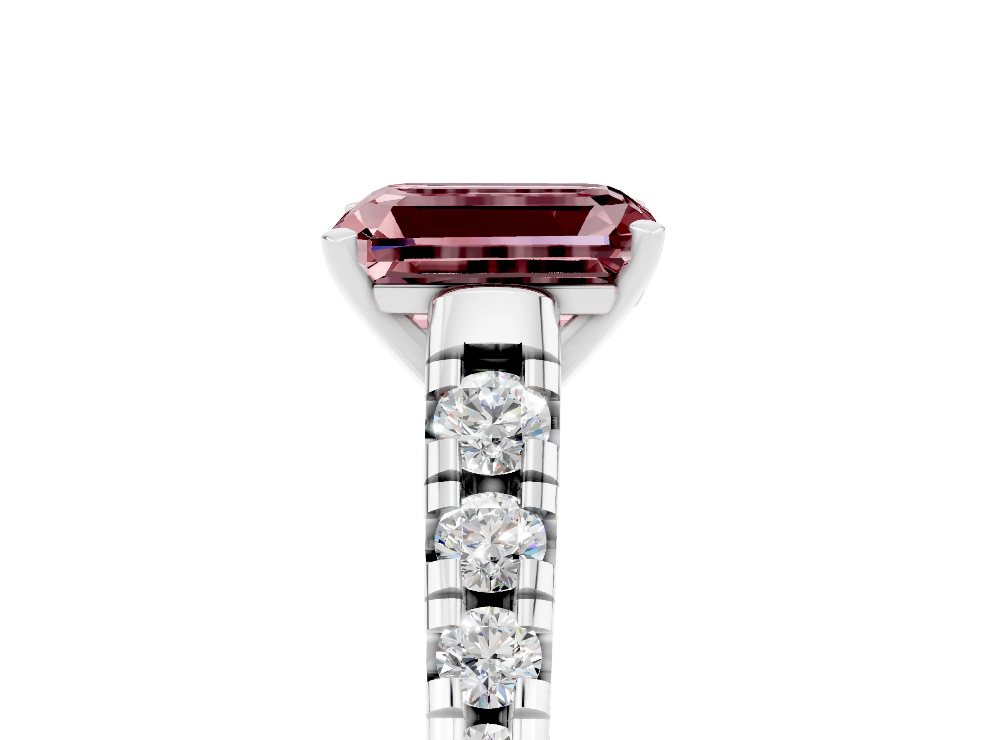 White gold Emerald Cut Morganite Solitaire Ring with Cathedral Setting and Pavé Band_5