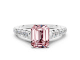 White gold Emerald Cut Morganite Solitaire Ring with Cathedral Setting and Pavé Band