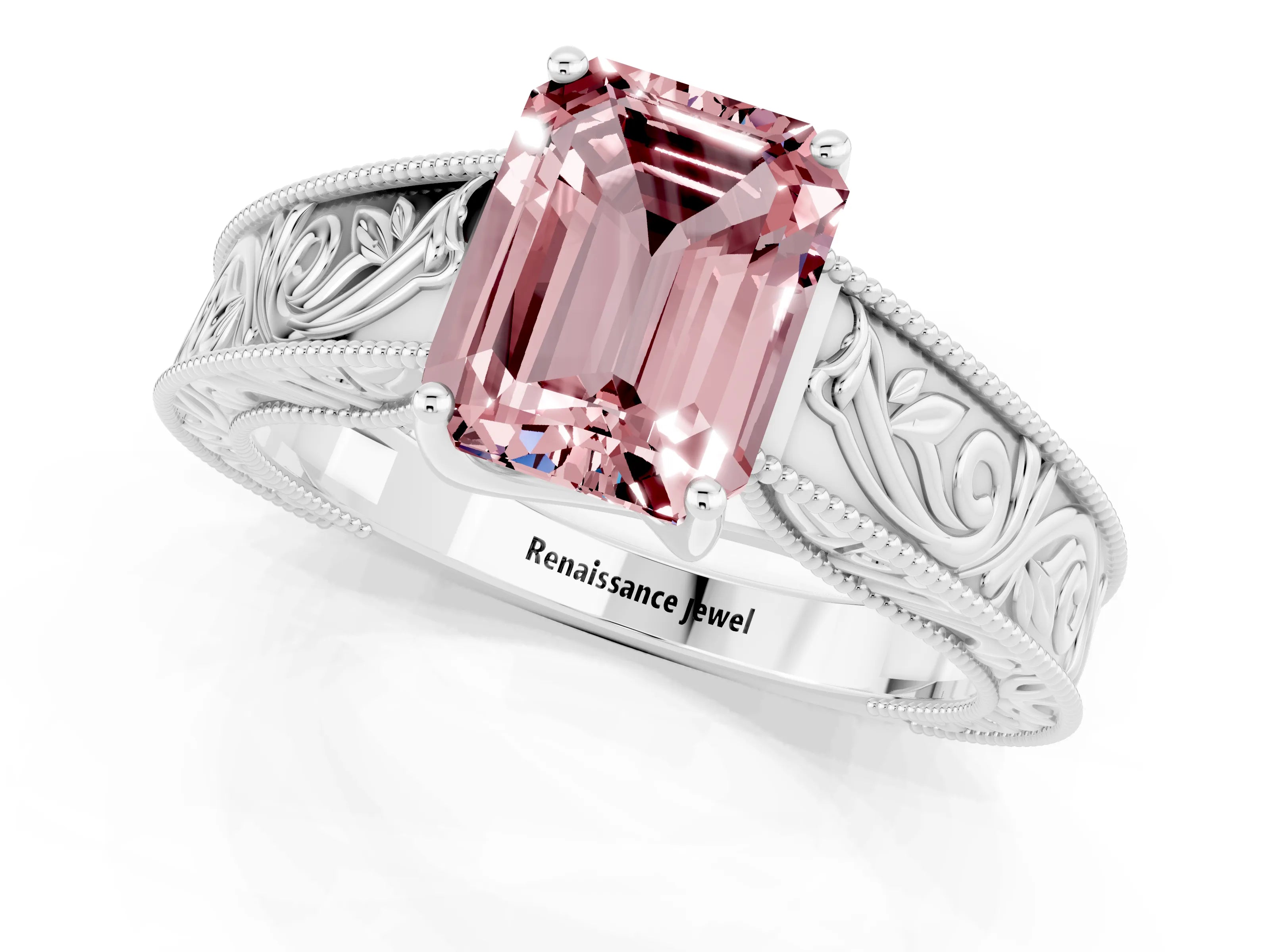 White gold Emerald Cut Morganite Solitaire Ring with Engraved Band and Four-Prong Setting_1