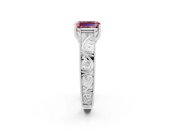 White gold Emerald Cut Morganite Solitaire Ring with Engraved Band and Four-Prong Setting