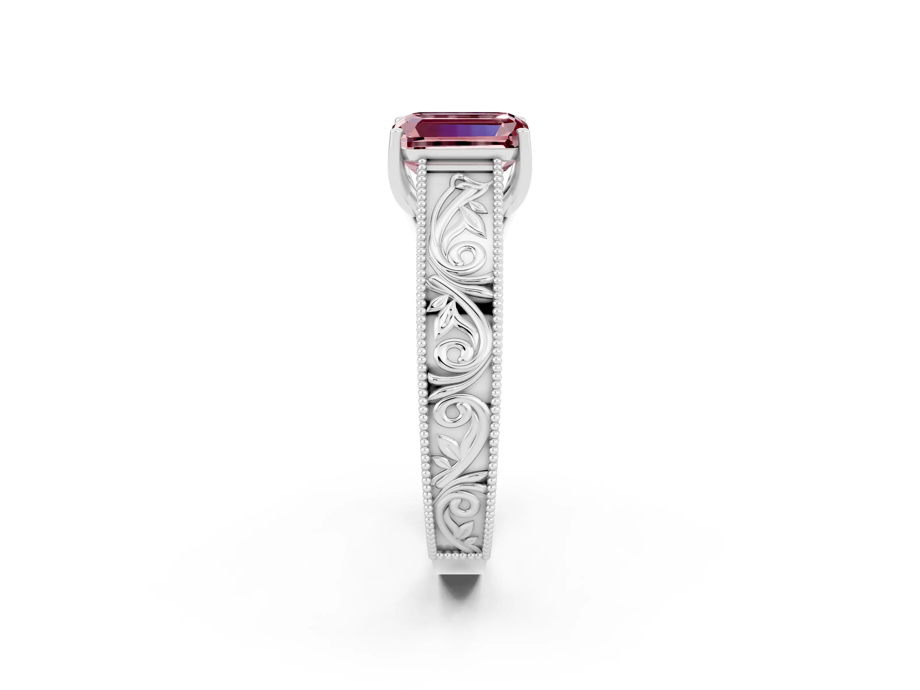 White gold Emerald Cut Morganite Solitaire Ring with Engraved Band and Four-Prong Setting_2