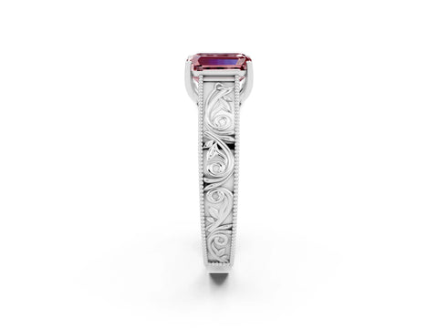 White gold Emerald Cut Morganite Solitaire Ring with Engraved Band and Four-Prong Setting_2