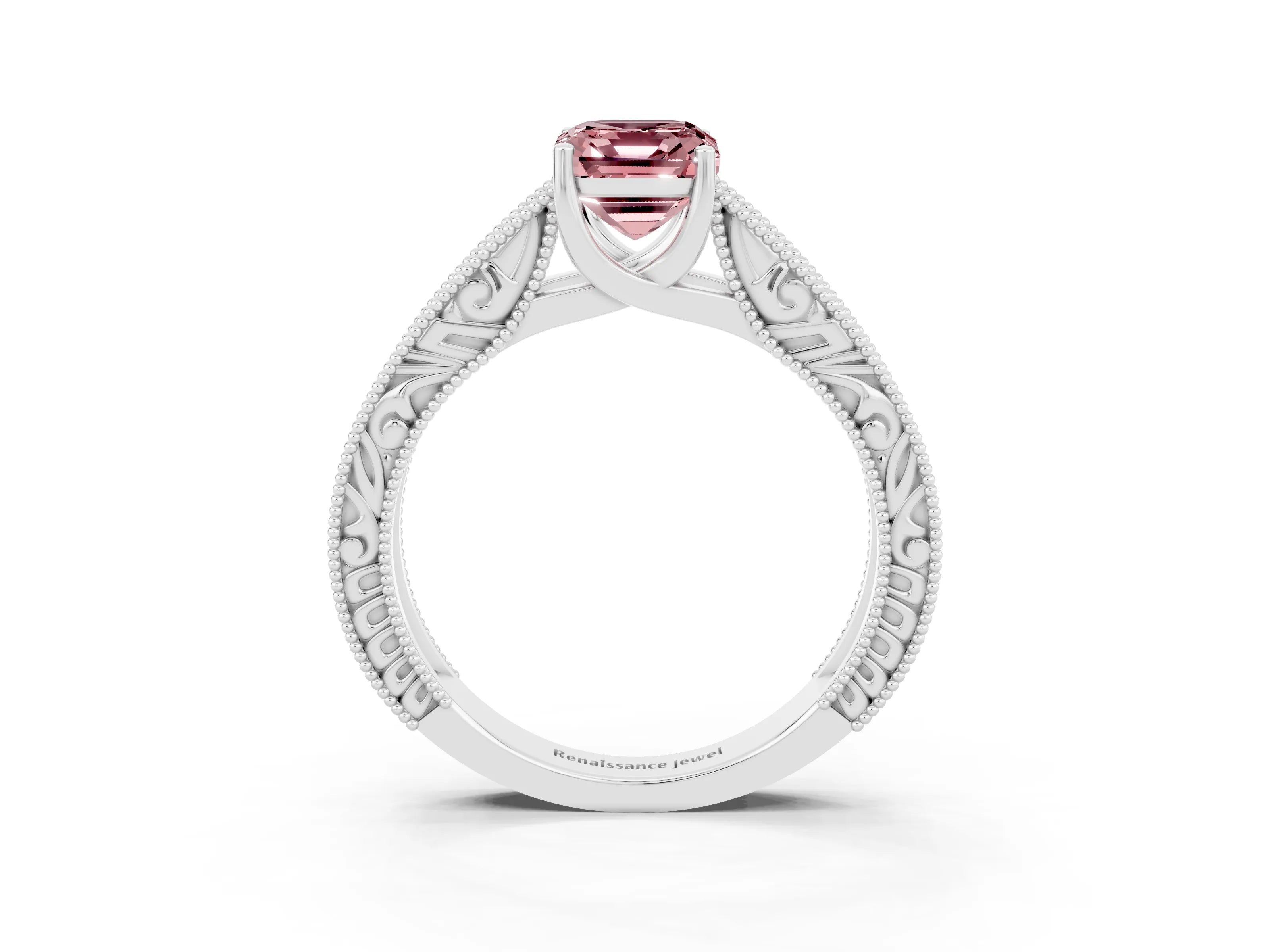 White gold Emerald Cut Morganite Solitaire Ring with Engraved Band and Four-Prong Setting_3