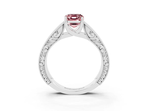 Silver Emerald Cut Morganite Solitaire Ring with Engraved Band and Four-Prong Setting