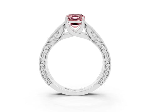 White gold Emerald Cut Morganite Solitaire Ring with Engraved Band and Four-Prong Setting_3