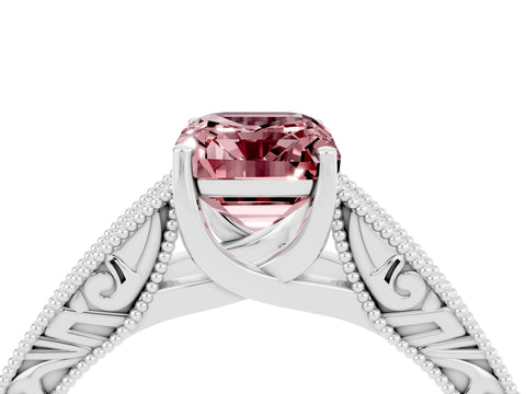 White gold Emerald Cut Morganite Solitaire Ring with Engraved Band and Four-Prong Setting_4