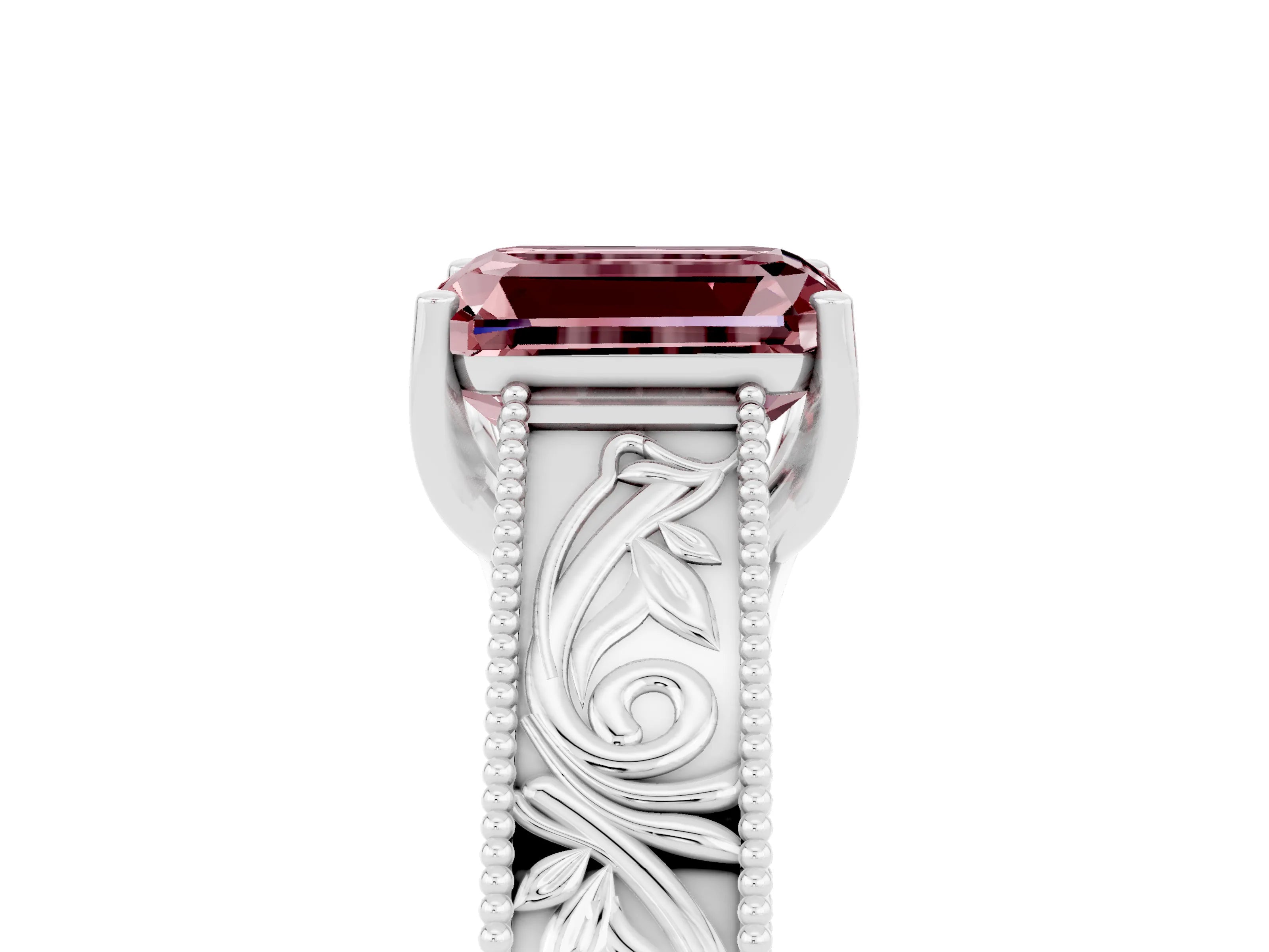 White gold Emerald Cut Morganite Solitaire Ring with Engraved Band and Four-Prong Setting_5