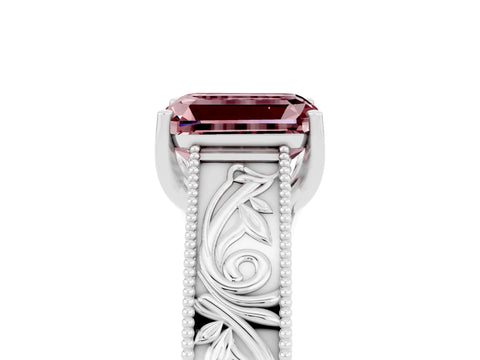 White gold Emerald Cut Morganite Solitaire Ring with Engraved Band and Four-Prong Setting_5