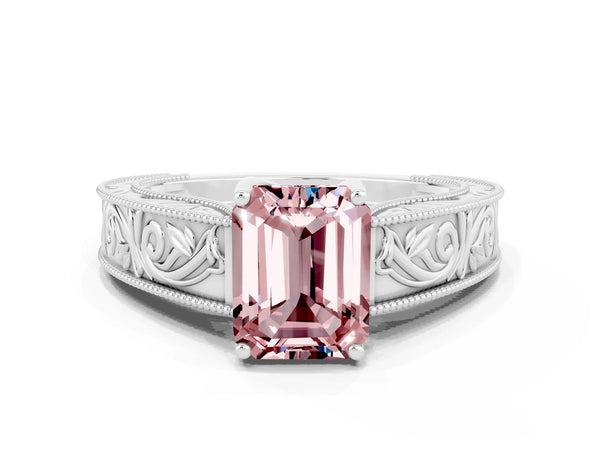 White gold Emerald Cut Morganite Solitaire Ring with Engraved Band and Four-Prong Setting