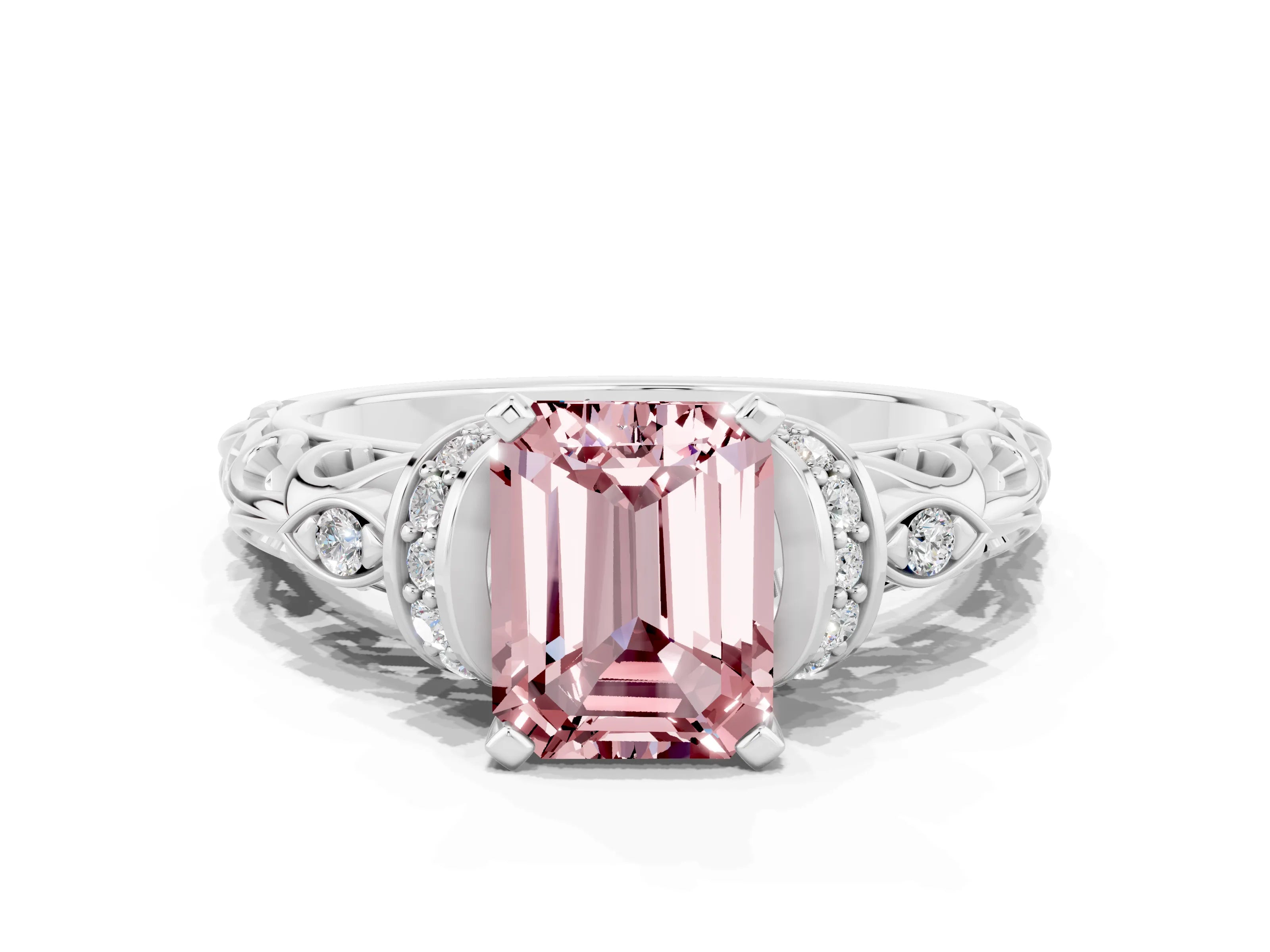White gold Emerald Cut Morganite Solitaire Ring with Filigree Band and Four-Prong Setting_24