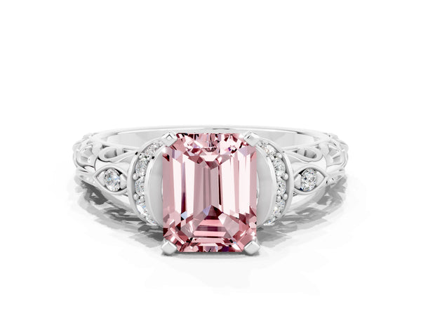 Silver Emerald Cut Morganite Solitaire Ring with Filigree Band and Four-Prong Setting