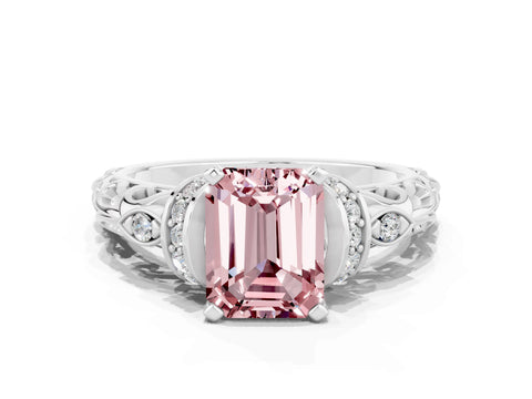 White gold Emerald Cut Morganite Solitaire Ring with Filigree Band and Four-Prong Setting_24
