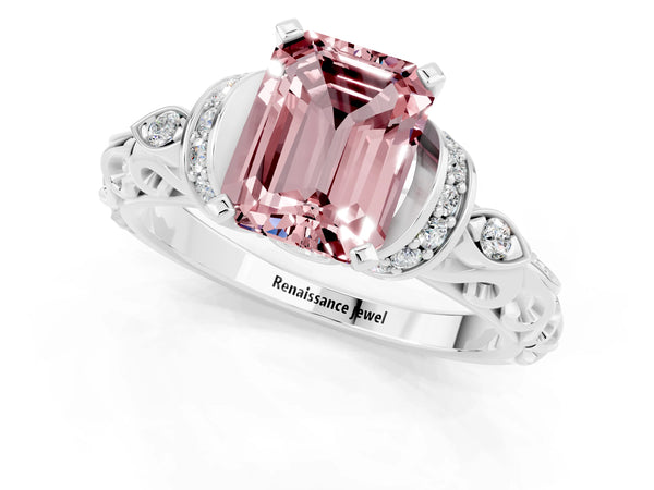 Platinum Emerald Cut Morganite Solitaire Ring with Filigree Band and Four-Prong Setting