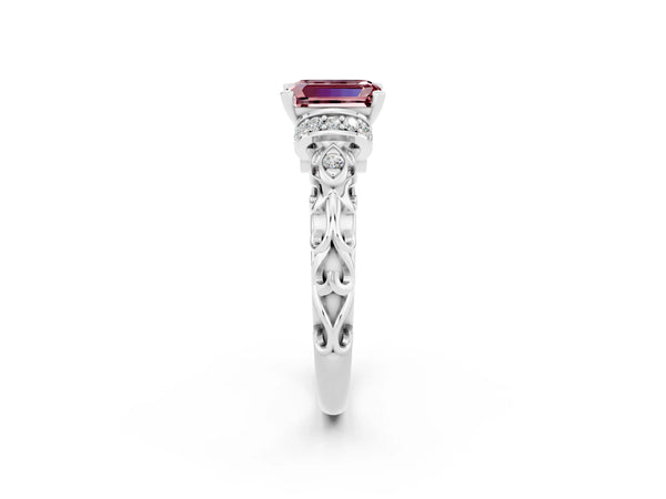 Platinum Emerald Cut Morganite Solitaire Ring with Filigree Band and Four-Prong Setting