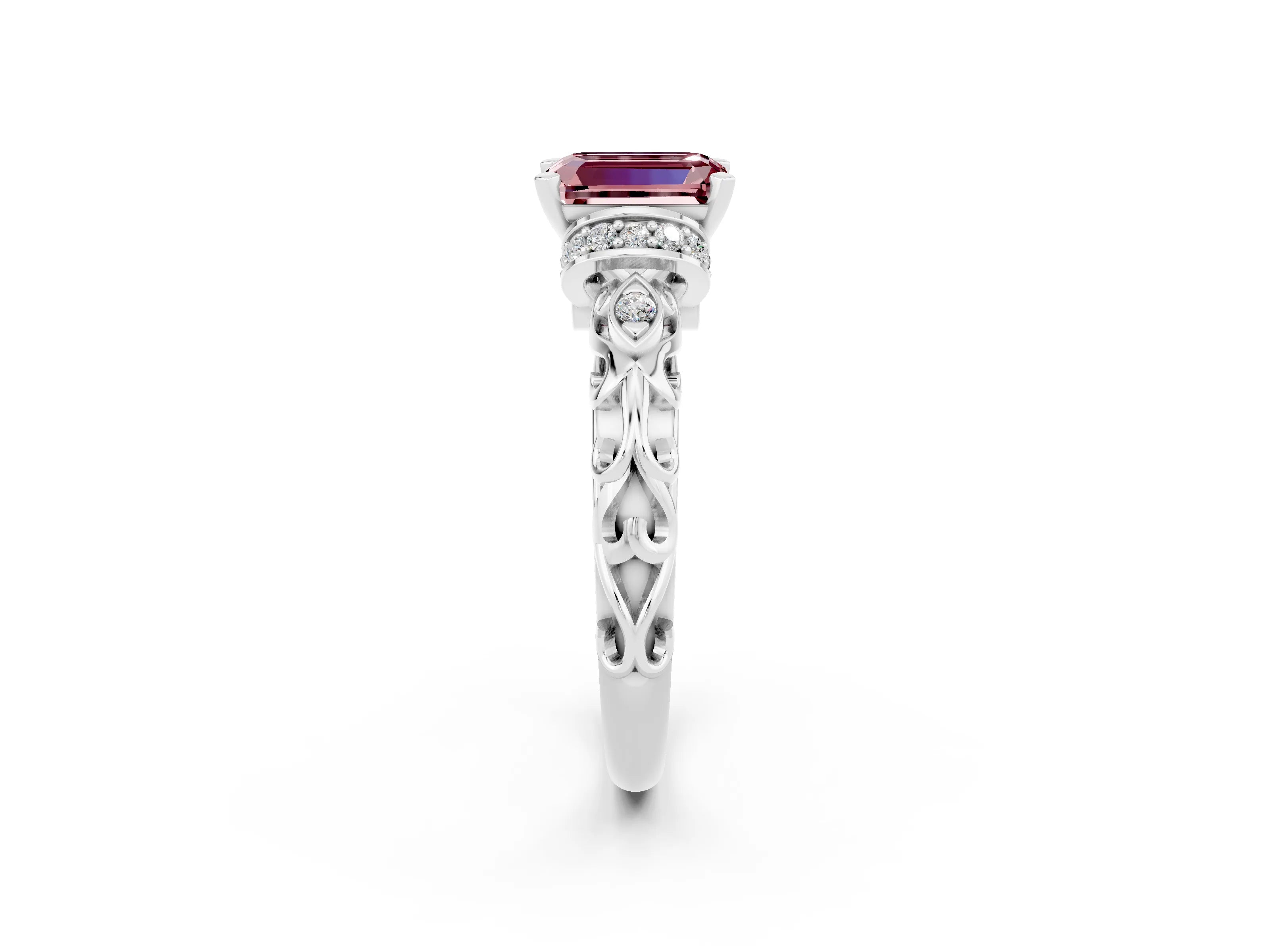 White gold Emerald Cut Morganite Solitaire Ring with Filigree Band and Four-Prong Setting_26