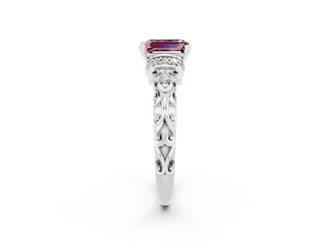 White gold Emerald Cut Morganite Solitaire Ring with Filigree Band and Four-Prong Setting_26