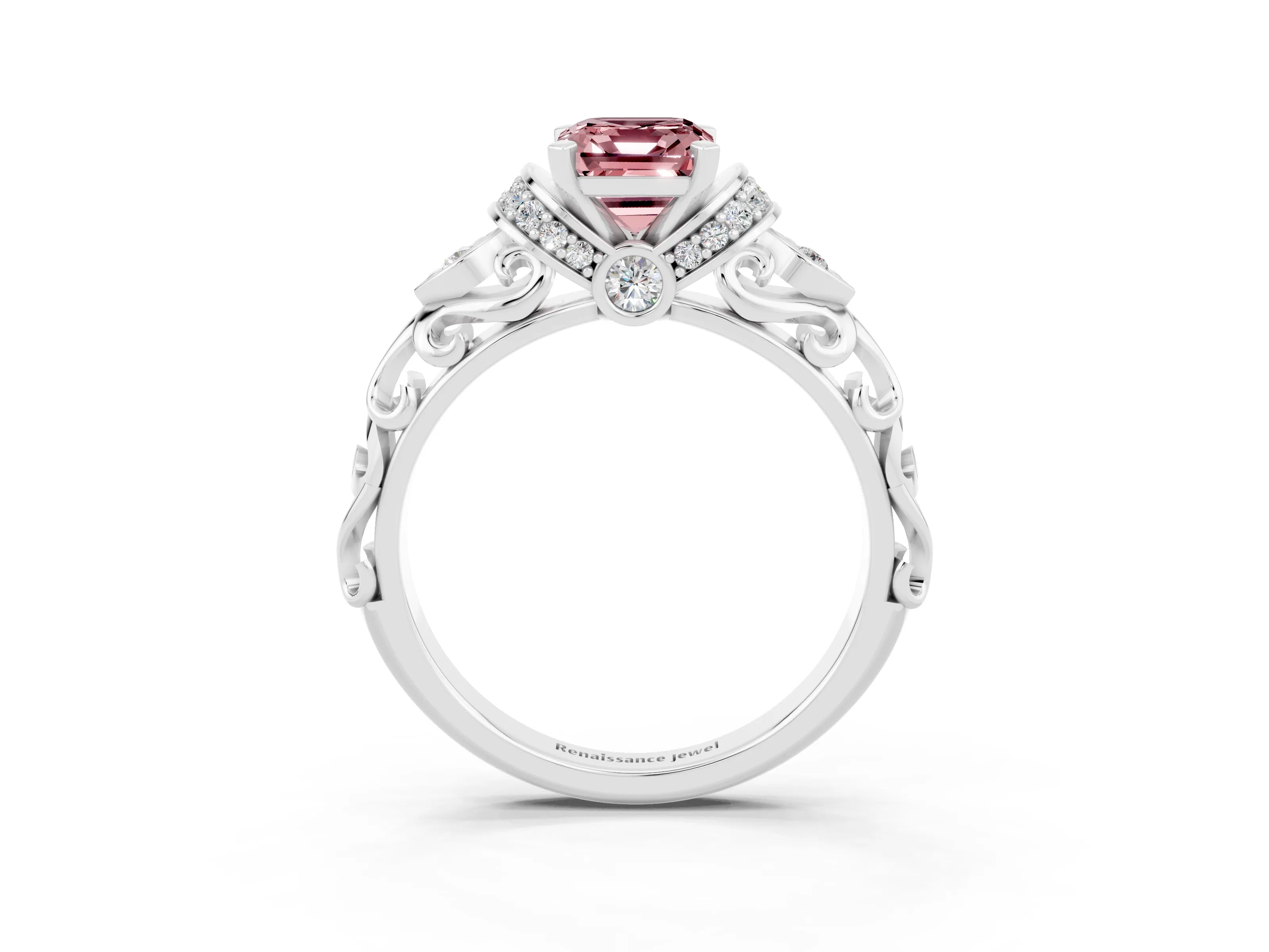White gold Emerald Cut Morganite Solitaire Ring with Filigree Band and Four-Prong Setting_27