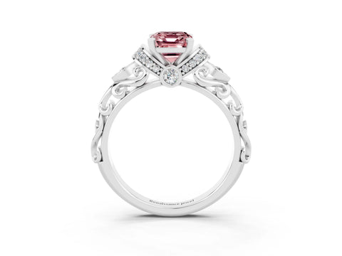 White gold Emerald Cut Morganite Solitaire Ring with Filigree Band and Four-Prong Setting_27