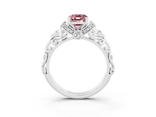 Silver Emerald Cut Morganite Solitaire Ring with Filigree Band and Four-Prong Setting