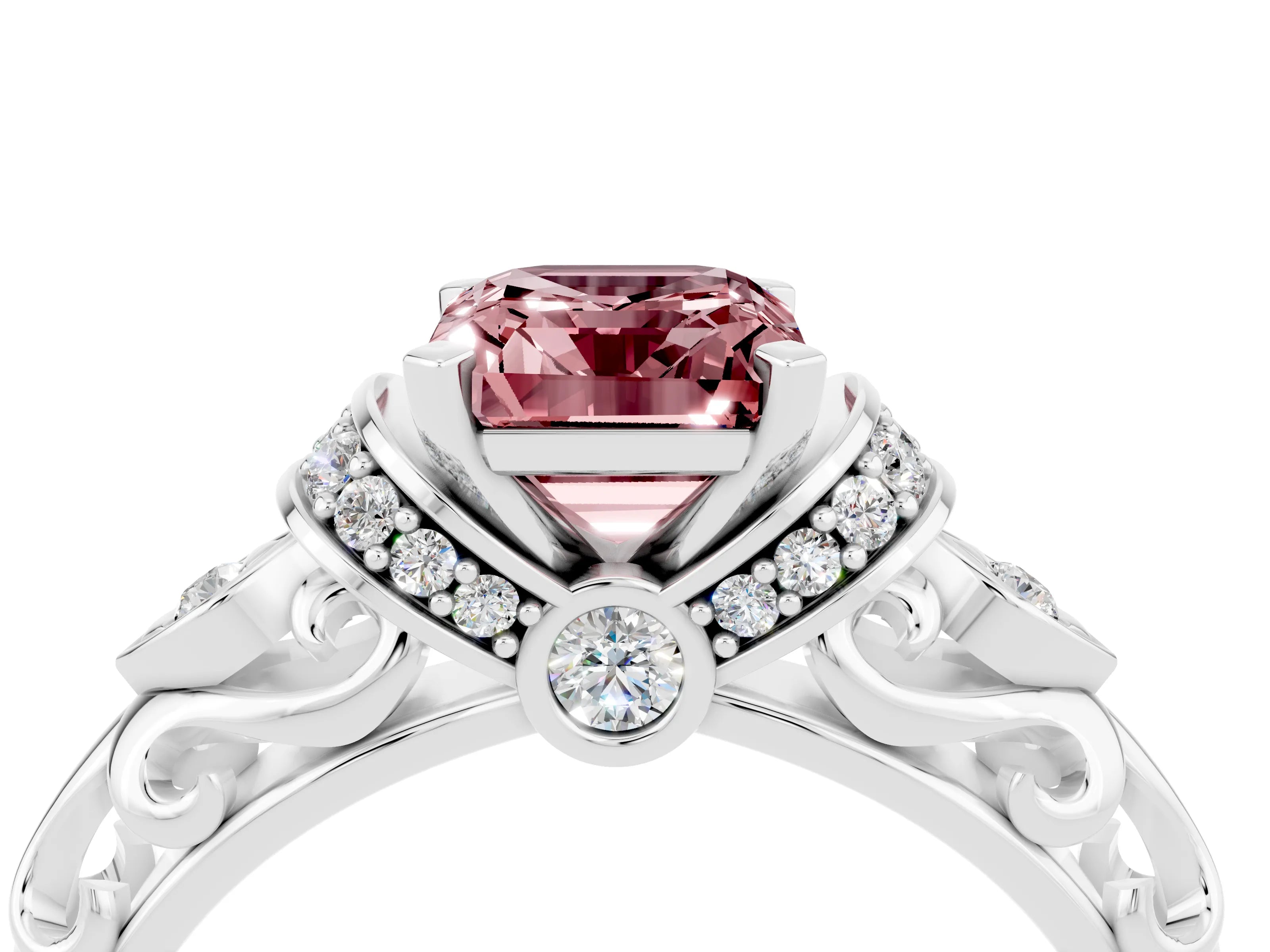 White gold Emerald Cut Morganite Solitaire Ring with Filigree Band and Four-Prong Setting_28