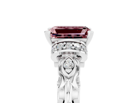 White gold Emerald Cut Morganite Solitaire Ring with Filigree Band and Four-Prong Setting_29