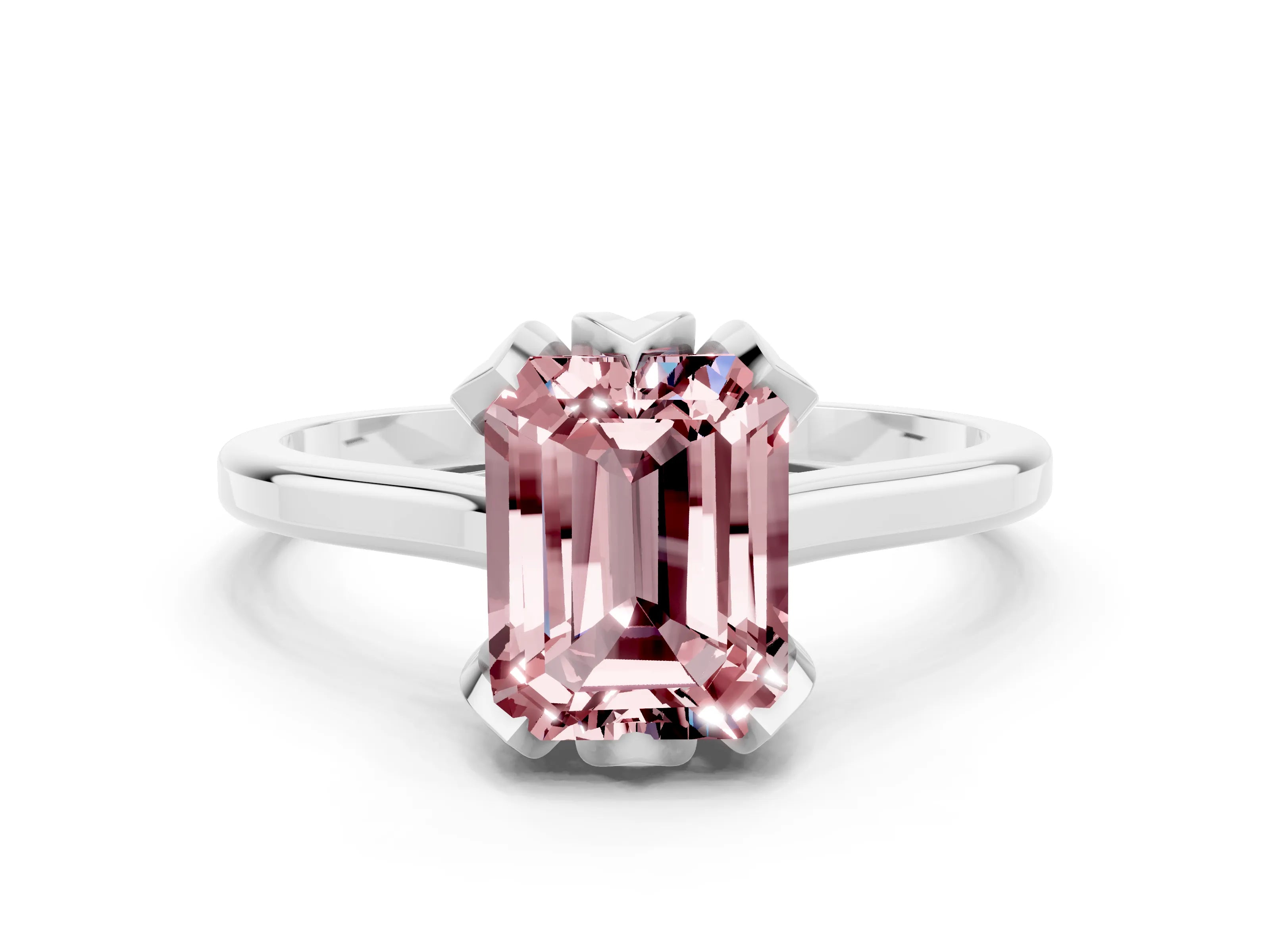 White gold Emerald Cut Morganite Solitaire Ring with Flower Prong Setting and Classic Band_12