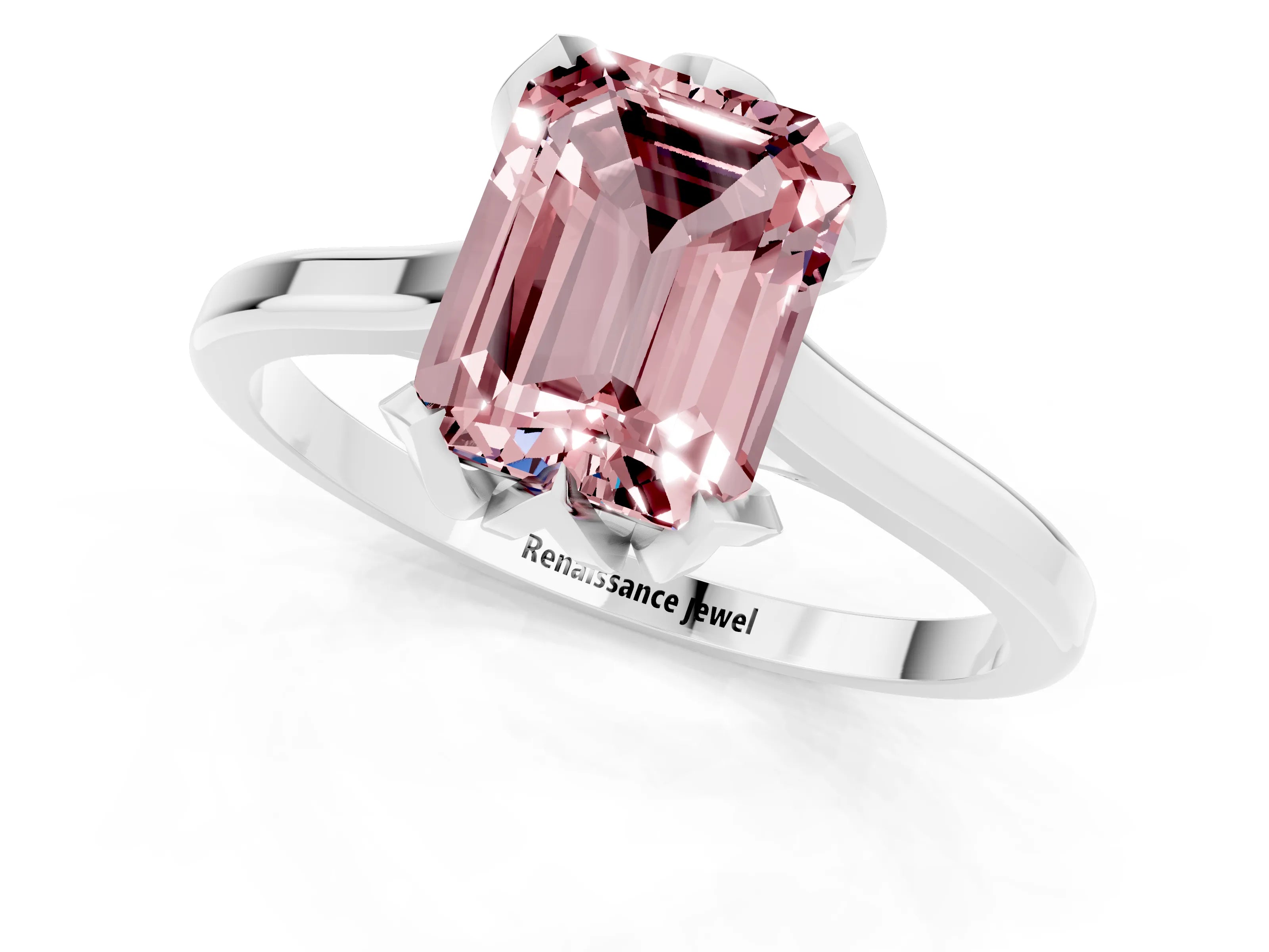 White gold Emerald Cut Morganite Solitaire Ring with Flower Prong Setting and Classic Band_13