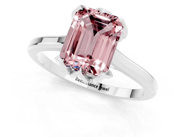 White gold Emerald Cut Morganite Solitaire Ring with Flower Prong Setting and Classic Band