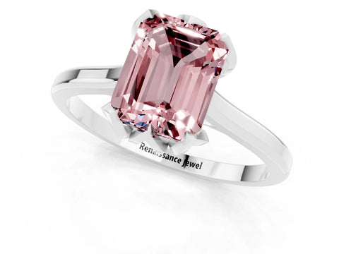 White gold Emerald Cut Morganite Solitaire Ring with Flower Prong Setting and Classic Band_13