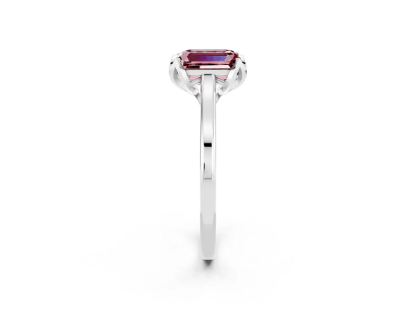 White gold Emerald Cut Morganite Solitaire Ring with Flower Prong Setting and Classic Band