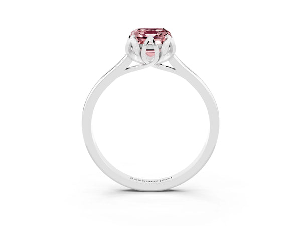 Platinum Emerald Cut Morganite Solitaire Ring with Flower Prong Setting and Classic Band