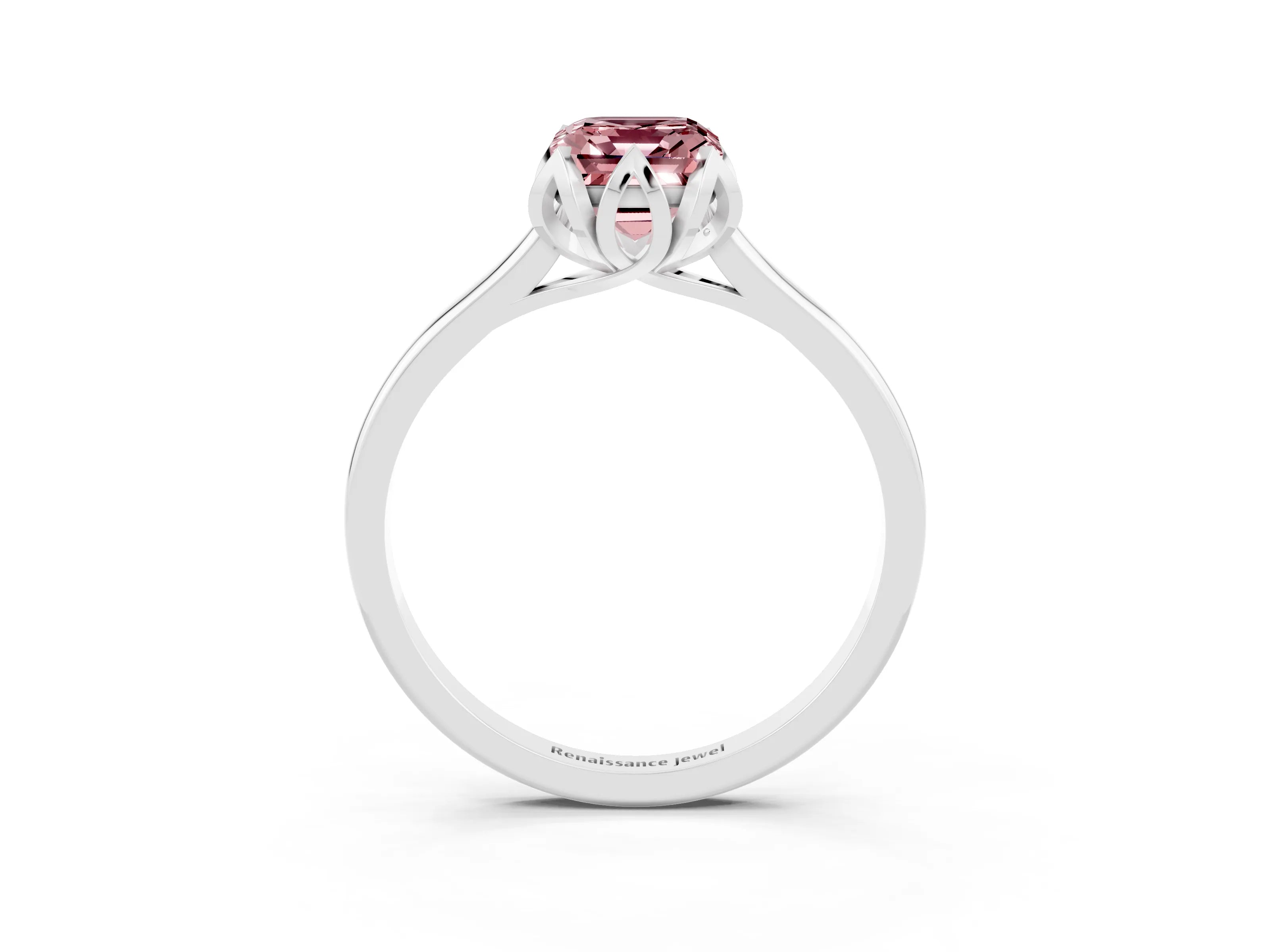 White gold Emerald Cut Morganite Solitaire Ring with Flower Prong Setting and Classic Band_15