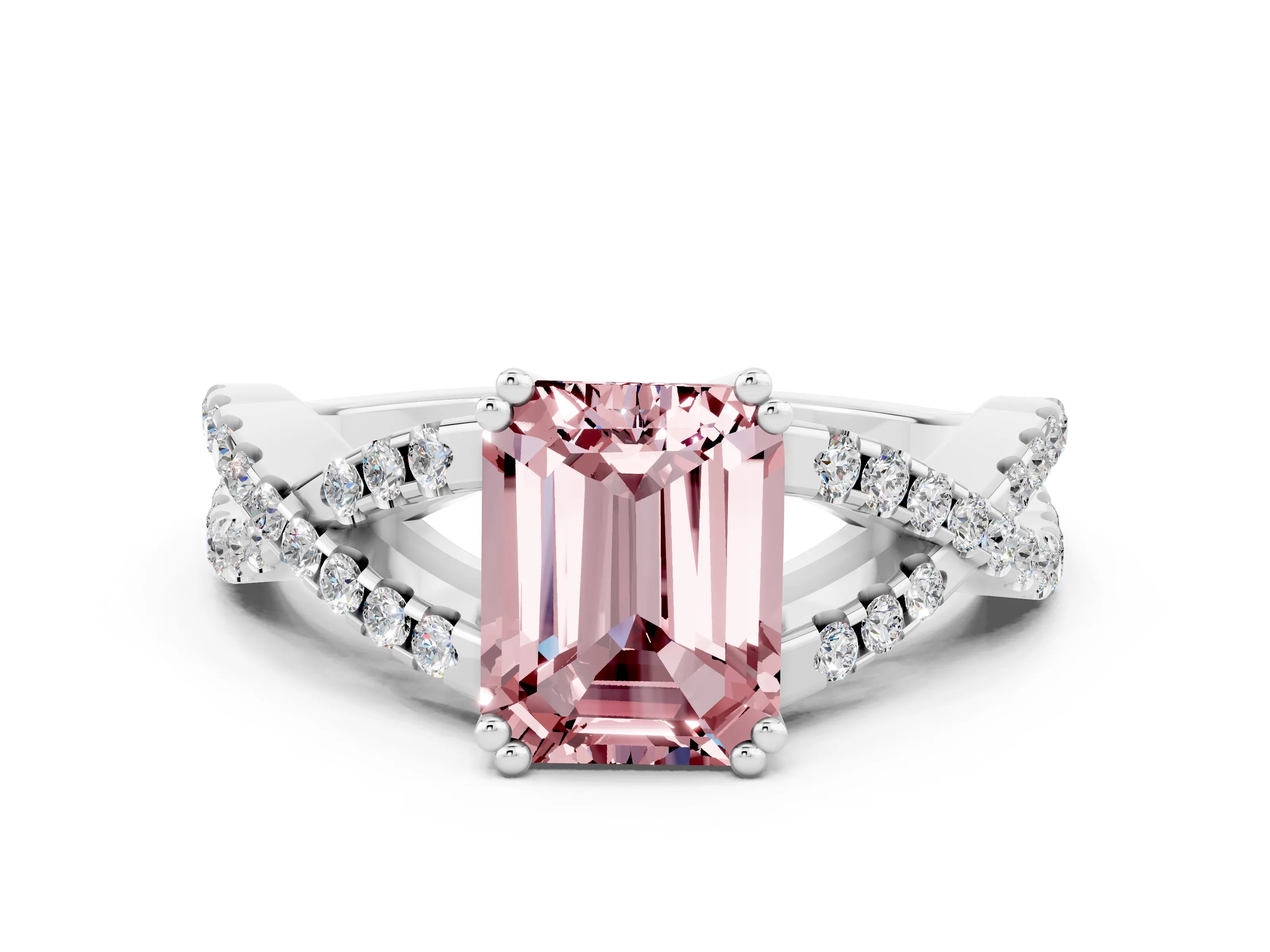 White gold Emerald Cut Morganite Solitaire Ring with Four-Prong Setting and Twisted Pavé Band