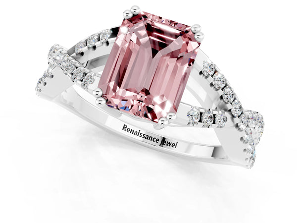 Silver Emerald Cut Morganite Solitaire Ring with Four-Prong Setting and Twisted Pavé Band