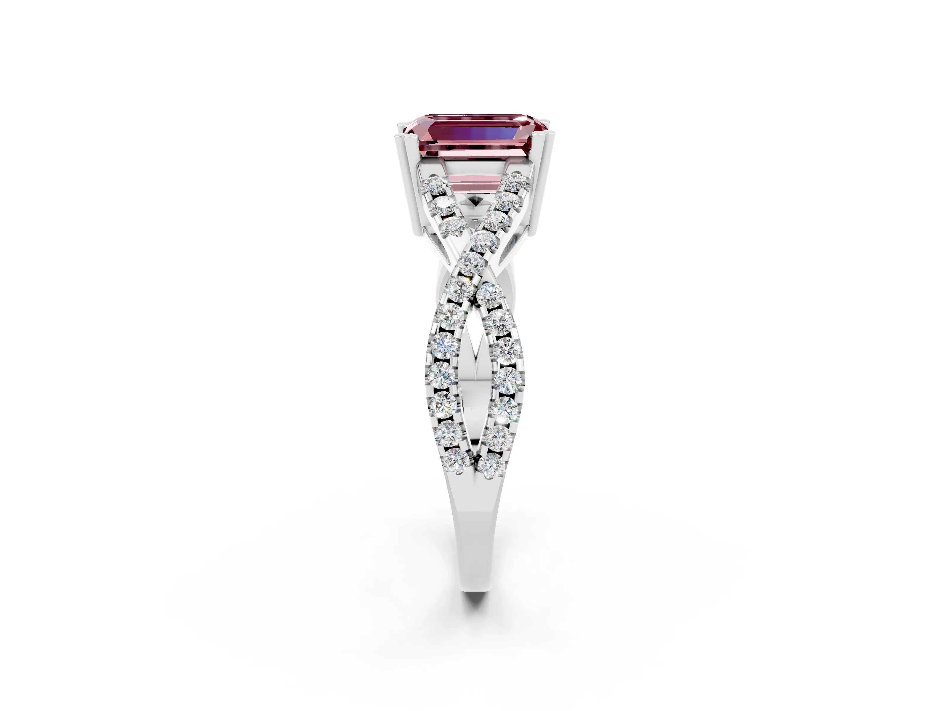 White gold Emerald Cut Morganite Solitaire Ring with Four-Prong Setting and Twisted Pavé Band_2