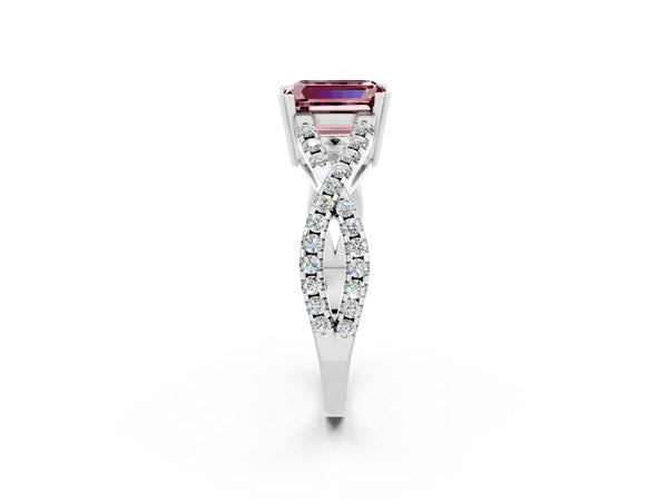 White gold Emerald Cut Morganite Solitaire Ring with Four-Prong Setting and Twisted Pavé Band