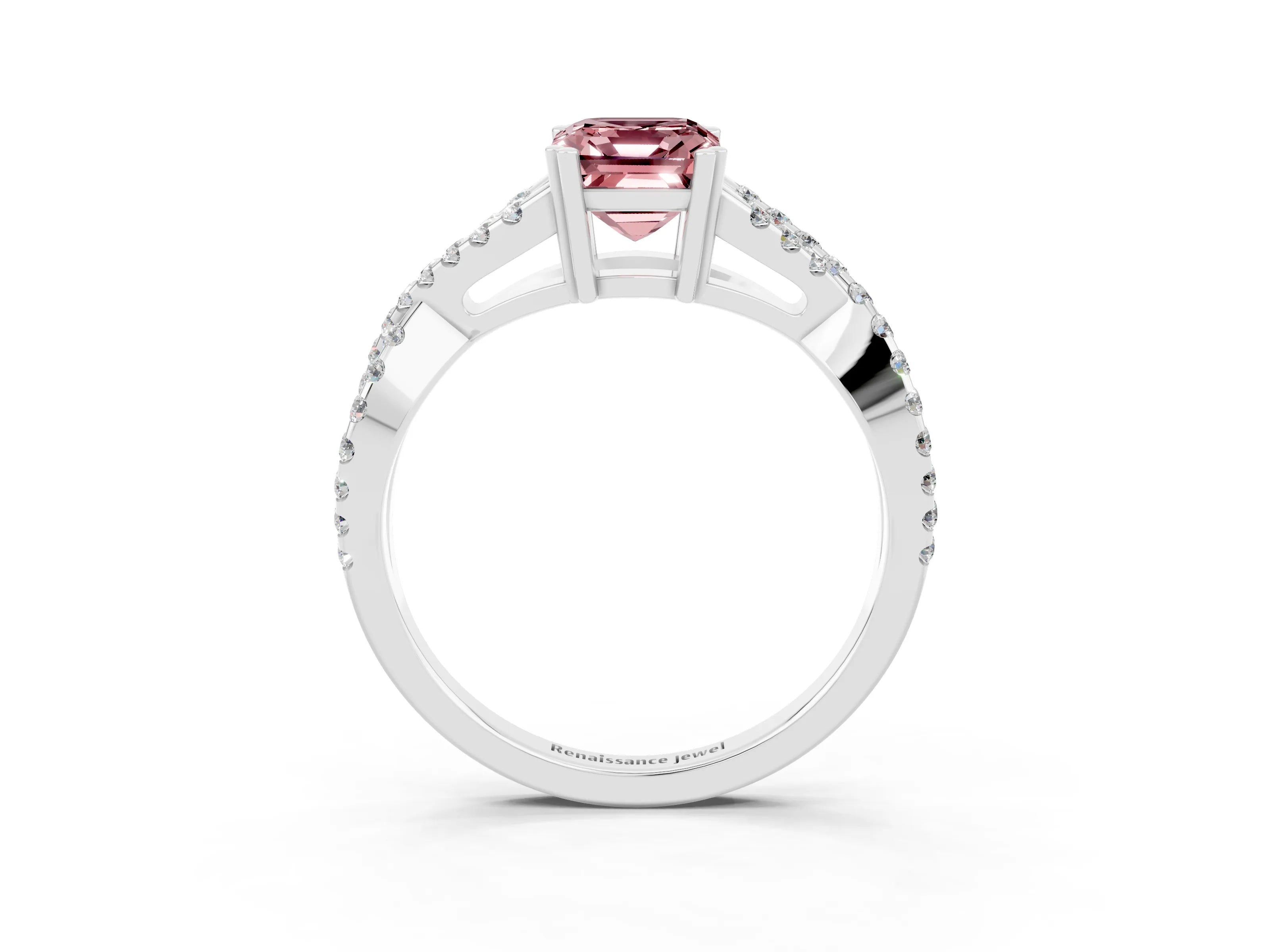 White gold Emerald Cut Morganite Solitaire Ring with Four-Prong Setting and Twisted Pavé Band_3