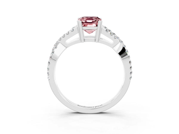 Platinum Emerald Cut Morganite Solitaire Ring with Four-Prong Setting and Twisted Pavé Band
